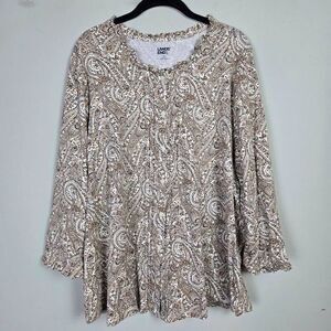 Lands End Womens Artsy Paisley Ruffle Neck Top Size 2x Brown Button Up Edwardian